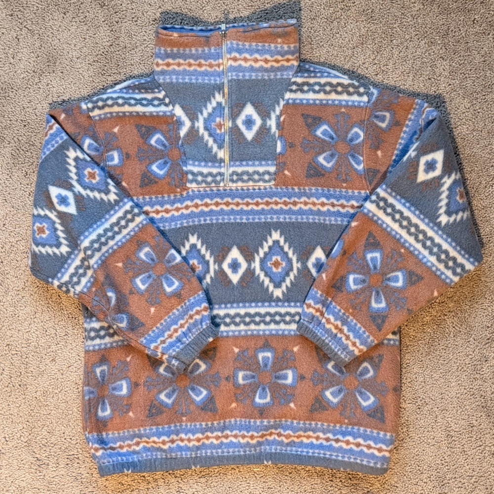 Vintage 90s Blue, Rust, & White Aztec Patterned Quarter Zip Fleece by Nuggets